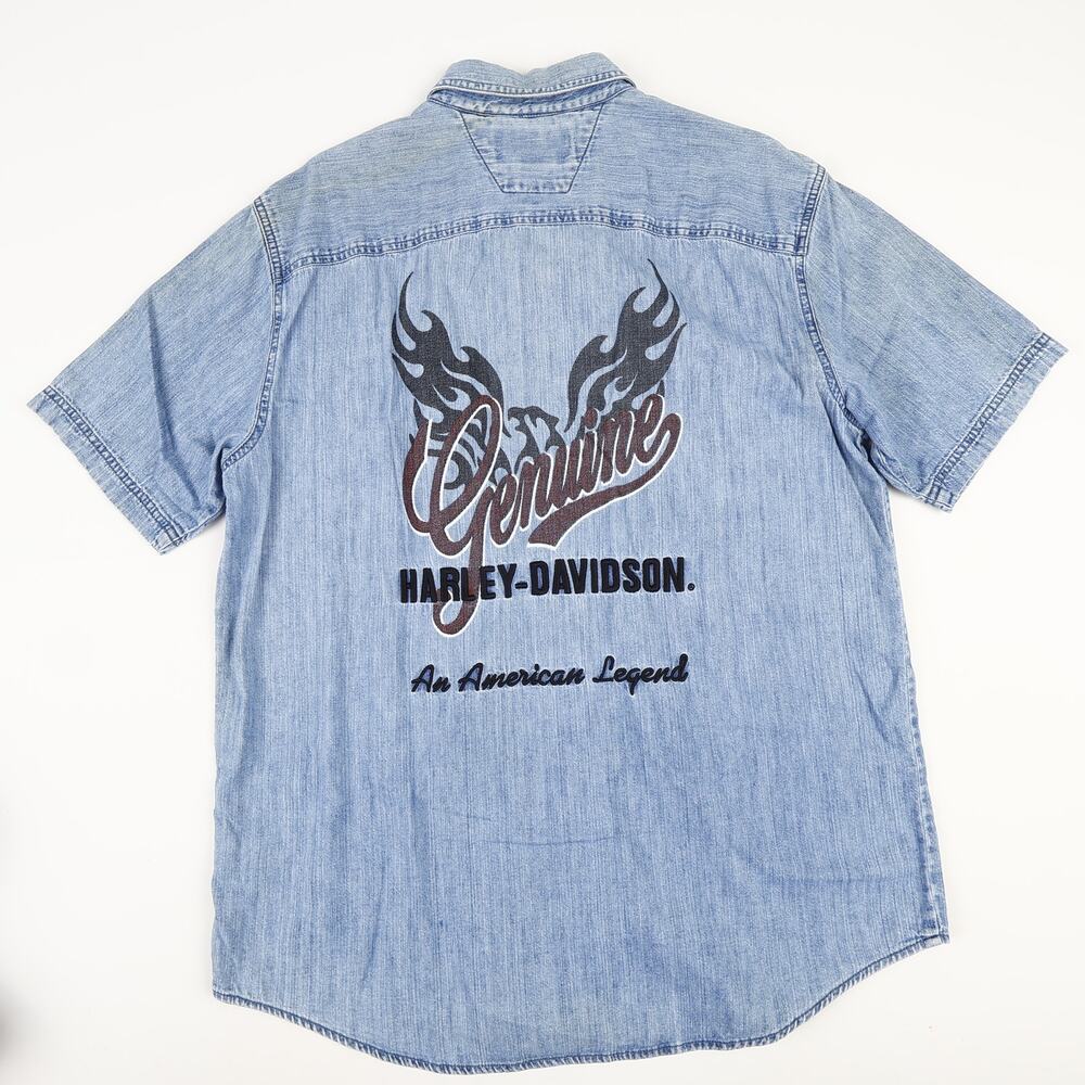 Vtg 2004 Harley Davidson Mens L Embroidered Denim Button Down Short Sleeve Shirt